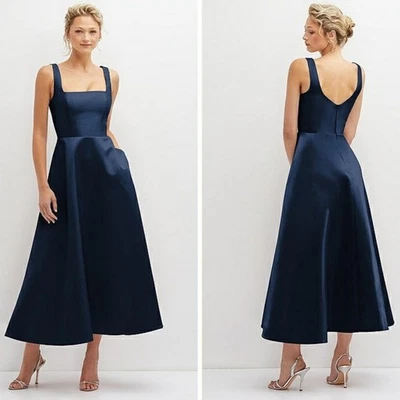 Nuevo con etiquetas Vestido Midi Colección Dessy Cuello Cuadrado Satén Sarga Bolsillos Talla 14 Foto 1 de 4