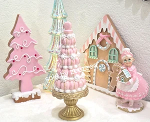 Christmas Gingerbread Pastel Pink Macaroons Pedestal Cake Figurine 12" NEW - Picture 1 of 12