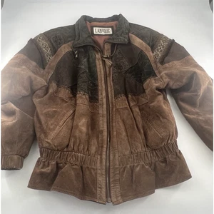 Vintage 80s Lanique Womans Brown Leather Suede Bomber Jacket Small Patchwork - Picture 1 of 19