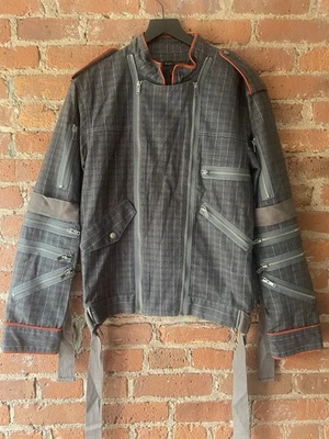Marc Jacobs Vintage Denim Plaid Zipper Biker Jacket Sz L Mens Blue/ Gray/ Orange - Image 1 of 4