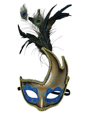 Masquerade Mask Peacock Feathers Gold Blue Glitter Venetian Mardi Gras Party - Image 1 of 4