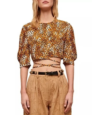 Crop top Maje Lipard stampa leopardata taglia 3/L manica a sbuffo cravatta vita nuovo con etichette $265 - Immagine 1 di 4