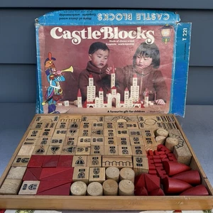 Vintage 80s "Castle Blocks" Wooden Block Set 102 Pieces Non-Toxic - Picture 1 of 8