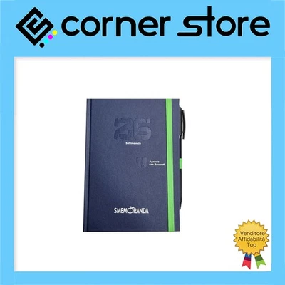 Smemoranda Agenda Settimanale Verticale 2026 con Elastico e Penna - 13x18- Blu - Immagine 1 di 2