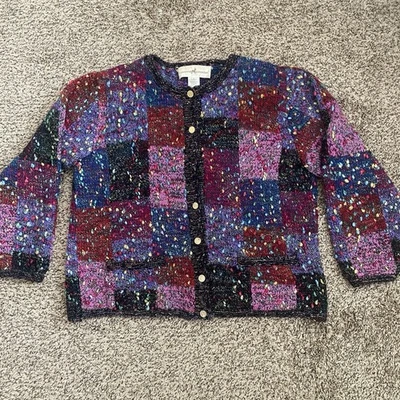 VTG Peruvian Connection Sweater Womens L Cardigan Wool Colorblock Blue Purple - Image 1 of 4