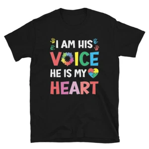 Autism Mom Awareness T-Shirt I Am His Voice He is My Heart Cute Mother Tee - Picture 1 of 8
