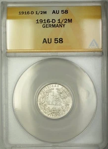 1916-D Germany 1/2M Mark Silver Coin ANACS AU-58 - Picture 1 of 1