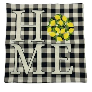 Lemon HOME Pillow Case Cover 18x18 Cotton Linen Black White Buffalo Check Yellow - Picture 1 of 5