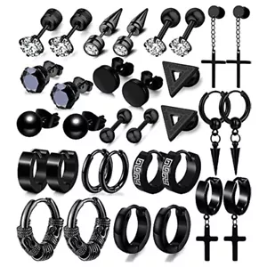 16 Pairs Men Earrings Set Black Stainless Steel Cross Hoop Ear Stud Jewelry - Picture 1 of 5