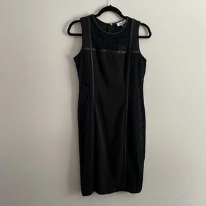 Calvin Klein Women 6 Black Faux Leather & Lacy Trim Sleeveless Sheath Dress NWT - Picture 1 of 11