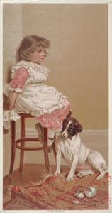 CB BARBER Antik um 1890 Kinder Chromolitho weinendes Mädchen & ihr Hund IN SCHANDE - Bild 1 von 1