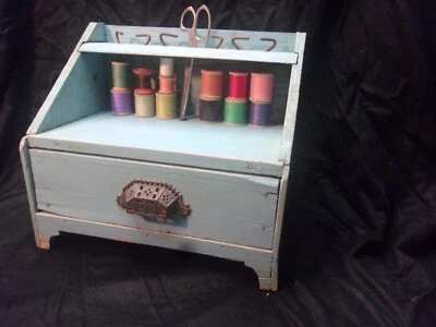 Antique primitive rustic country robin egg blue thread sewing caddy - Image 1 of 4