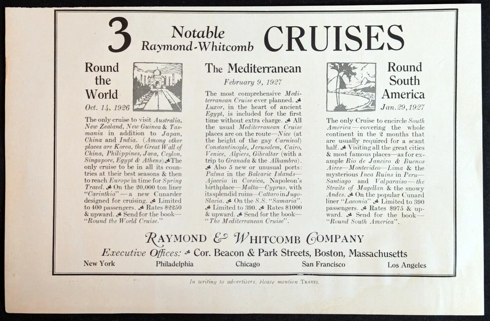 Anuncio impreso antiguo original de Raymond & Whitcomb World Cruises 1926 Foto 1 de 2