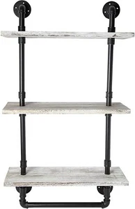 Industrial Iron Pipe Shelves with Towel Bar ~ Rustic White, 22x12x54 - Picture 1 of 3