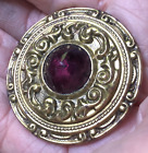 FAB  Brass Gay 90's Button w Faceted PURPLE  Glass Jewel GORGEOUS  ROCOCO BORDER