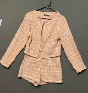 YOINS Women’s 2-Piece Set S Pink Peach Tweed Blazer Shorts NWT Office Wear - Picture 1 of 11