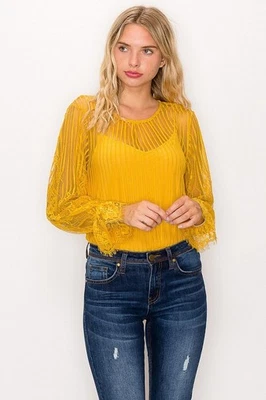 Lace Trim Shadow Stripe Bodysuit - Image 1 of 4