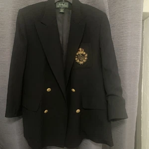 Polo Ralph Lauren Blazer Jacket UK 14 Navy Blue Cotton Blend Crest Preppy Crown - Picture 1 of 6
