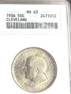 1936 US Mint CLEVELAND SILVER 50C COMMEMORATIVE ANACS MS63 FREE PROMPT SHIPPING - Picture 1 of 4