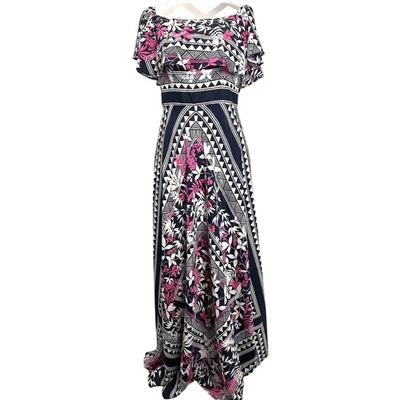 Eliza J Maxi Dress Geometric Floral Print Party Cocktail Flounce Sleeve Navy 8 - Image 1 of 4