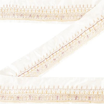 Sanskriti Vintage 1 Yarda Sari Borde Cuentas a Mano Zari Artesanal Borde Costura Encaje Blanco Foto 1 de 4