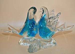 MURANO? STYLE FLOATING BUBBLES LOVE BIRDS, BLUE BIRD GLASS SCULPTURE FIGURINE - Picture 1 of 8