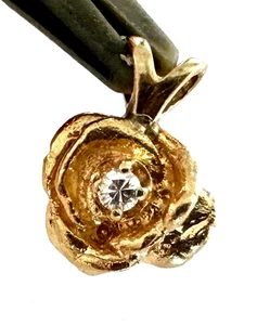 14K Solid Yellow Gold Flower Rose Diamond Small Ladies Child Pendant Charm - Picture 1 of 14