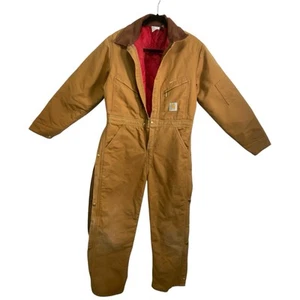 VTG Carhartt X01 BRN Made In USA Red Quilted Lining Duck Coveralls Sz 36 Short - Picture 1 of 11