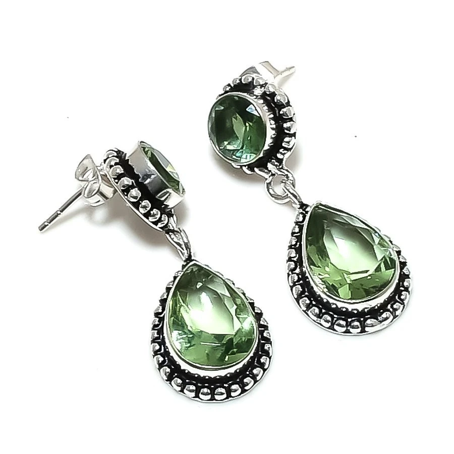 Green Amethyst Gemstone 925 Starling Silver Jewelry Earring Stud Size 1.45" - Image 1 of 1
