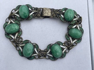 PULSERA DE LATÓN ESLABÓN VIDRIO NEFRITA ESMALTE GUILLOCHE ART DECO VINTAGE AÑOS 20 - Imagen 1 de 6