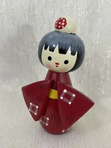 Vintage Wooden  Japanese Kokeshi Doll Red Kimono Abstract Design Collectible 5” - Picture 1 of 9