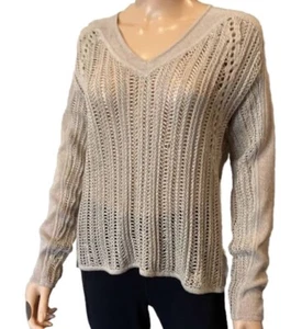 HELMUT LANG Jumper SMALL Taupe Beige Linen Crochet Knit V Neck Sweater - Picture 1 of 7