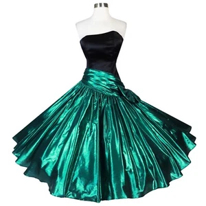 Vintage 80s Black Satin Green Metallic Lamé Full Skirt Prom Gown Party Dress XS - Picture 1 of 13