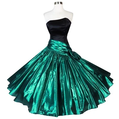 Vintage 80s Black Satin Green Metallic Lamé Full Skirt Prom Gown Party Dress XS - Image 1 of 4