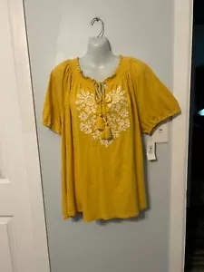 NWT Style&co Yellow Embroidered Knit Top with Split Neck & Tassel Ties Plus 2X - Picture 1 of 3