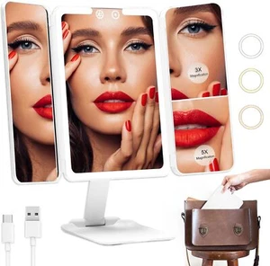 Espejo de maquillaje de viaje con luces. Tríptico 1x/3x/5x aumento LED portátil - Imagen 1 de 10