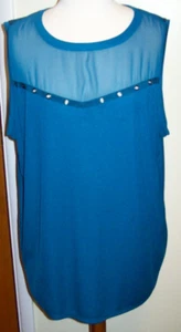 Worthington Woman Sleeveless Tunic Blouse Top ~ Teal Blue w Sheer Front Yoke 2X - Picture 1 of 3