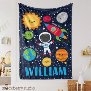 Space Blanket Personalized Boy Kids Name Solar System Planets Room Décor Custom - Picture 1 of 5