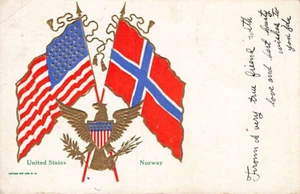 AK: USA & Norwegen Flaggen, DB verschickt 1909 - Bild 1 von 2