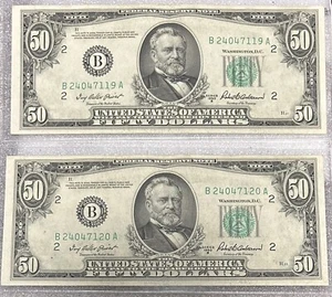 1950 B NY Sequential Set 50$ Dollar Bill 50BL45,46 - Picture 1 of 2