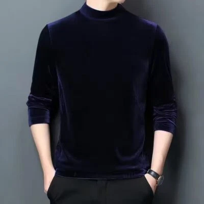 Men Solid Velvet Bottoming Shirt Velour Basic Top Mock Neck Slim Work Office New - Image 1 of 4
