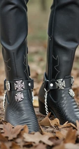 Biker Men Western Women Boot Silver Pair Leather 2 Straps Religious Cross Charm - Picture 1 of 24