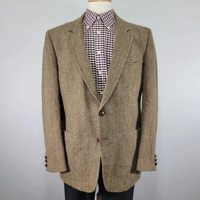 男式粗花呢风格运动外套西装外套双纽扣棕色人字形羊毛约 44L — 第 1/4 张图片