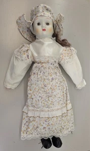 Porcelain Face Cloth Body Doll White and Brown Floral Dress and Hat 18" - Picture 1 of 12