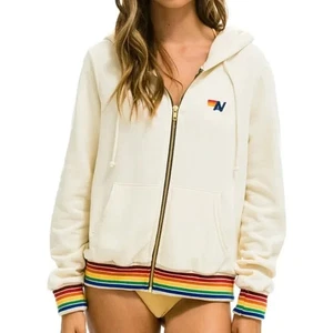 Aviator Nation Damen kleiner Hoodie Regenbogen Rippborte durchgehender Reißverschluss Sweatshirt cremefarben - Bild 1 von 4