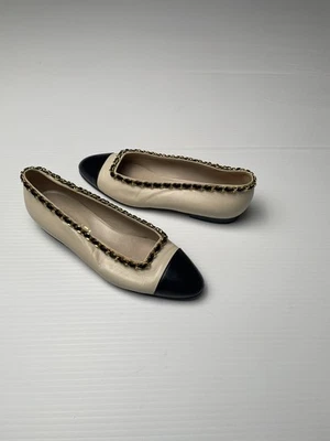 Chanel Ballet Pisos 38 Cuero Puntera Puntera Eslabón Planos Beige/Negro  Foto 1 de 4