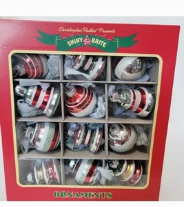 NEU Christopher Radko SHINY BRITE 12 Glas Ornamente gestreift Glocke/Fässer/Kugeln - Bild 1 von 3