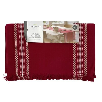 NWT Table Runner Deep Red White Embroidered Fringe Hem 14" X 72" Christmas - Image 1 of 4