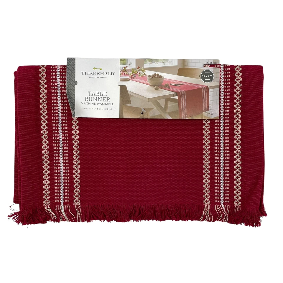 NWT Table Runner Deep Red White Embroidered Fringe Hem 14" X 72" Christmas - Image 1 of 4