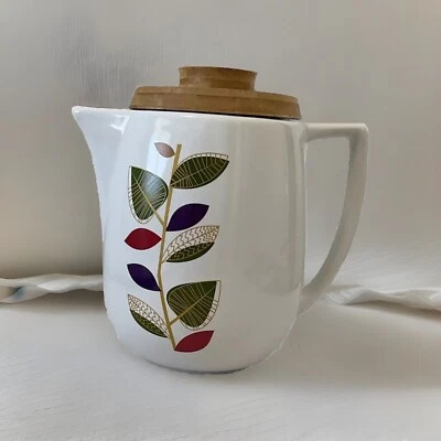 Coastal Cocktails MCM Retro Ceramic Teapot Coffee Pot Floral Leaves Bamboo Lid - Image 1 of 4
